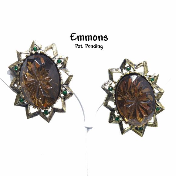 Vintage Emmons Molded Topaz Glass Clip Earrings, Green Rhinestone Accents - Picture 10 of 10